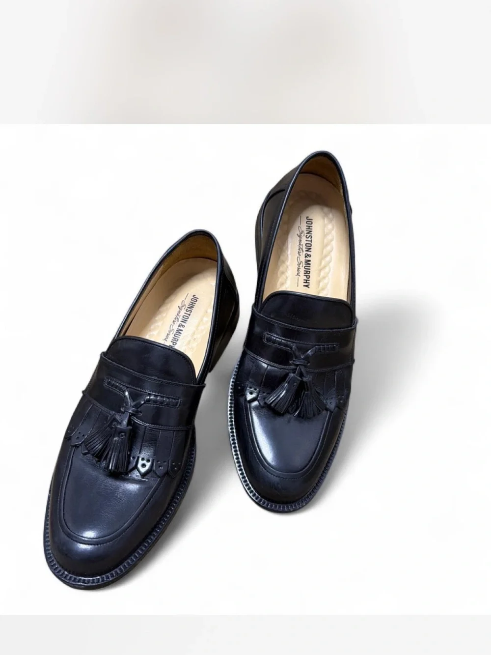 Johnston & Murphy Black Leather Tassel Penny Loafers Sz 9M made in Italy